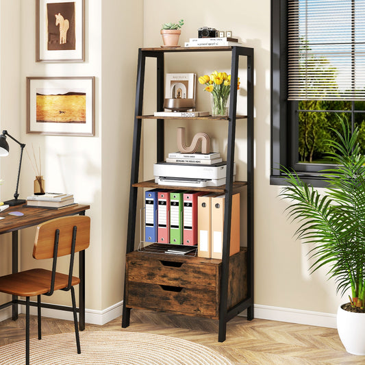 4-Tier Ladder Shelf With 2 Drawers, 52.5 Inch Tall, Brown