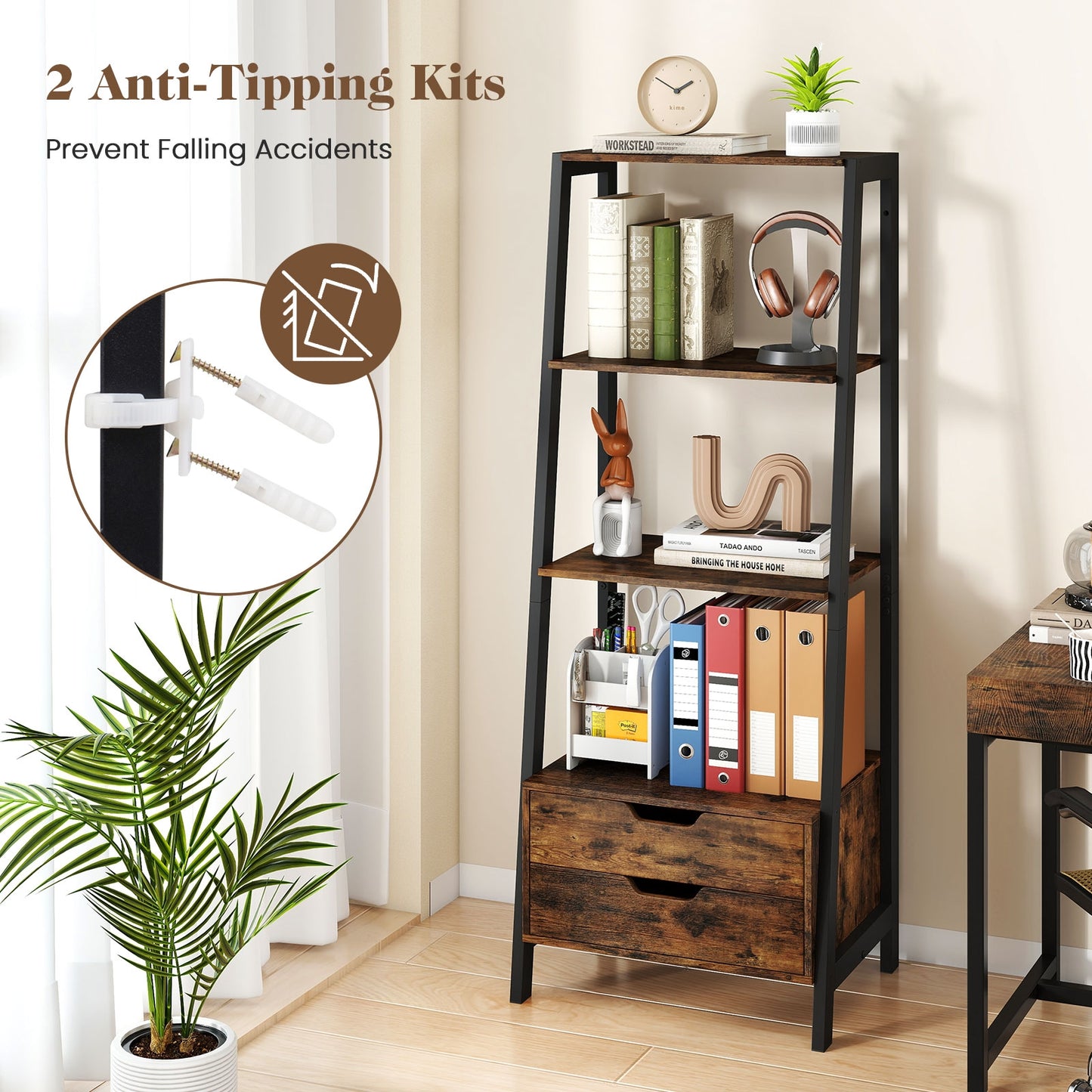 4-Tier Ladder Shelf with 2 Drawers 52.5 Inch Tall Freestanding Bookcase, Rustic Brown Bookcases at Gallery Canada