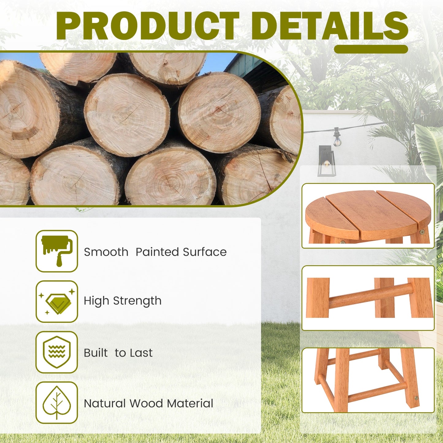 18-Inch Outdoor Wood Bar Stools, Set of 2, Round Seat, Footrest Patio Bar Furniture at Gallery Canada
