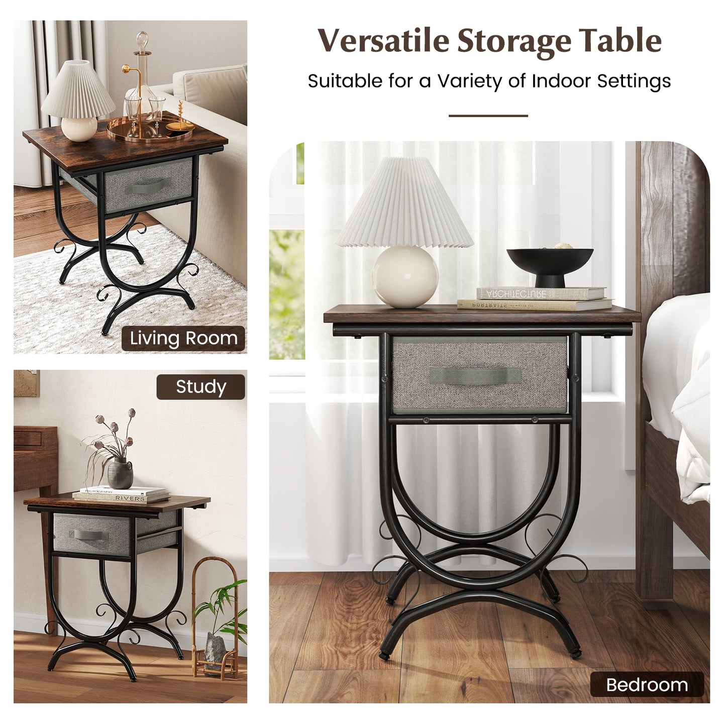 Side Table With Fabric Drawer, Carved Metal Frame, Living Room