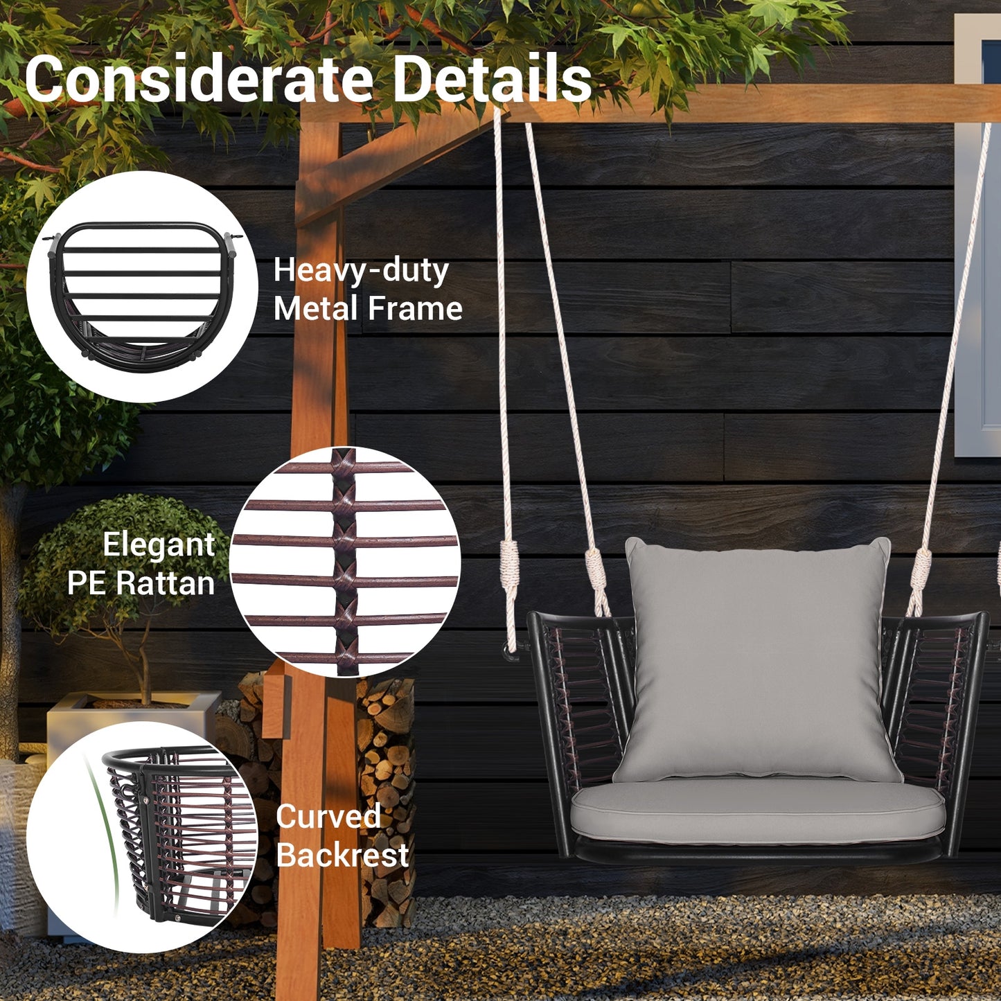 Single Person Hanging Seat, Woven Rattan Backrest, Gray Patio Rocking Chairs & Gliders at Gallery Canada