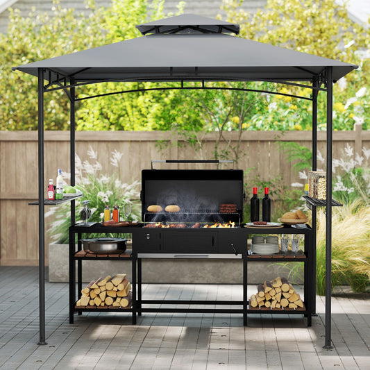 8 x 5 Feet Grill Gazebo, 2 Shelves, 6 Hooks, Metal Frame, Gray Gazebos Gray at Gallery Canada