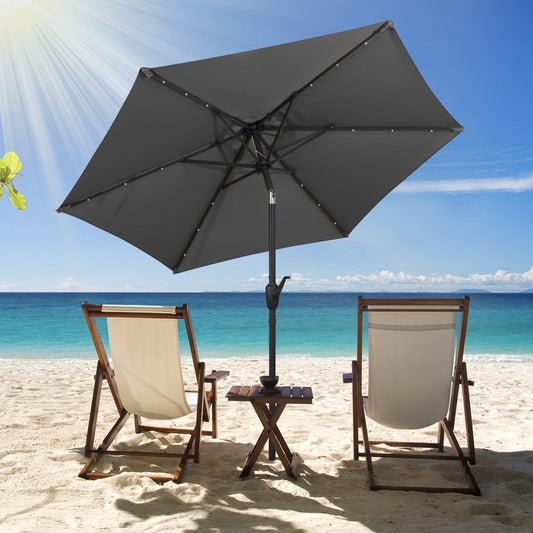 7.5 Feet Solar LED Patio Umbrella, Crank Handle, Gray Outdoor Umbrellas Gray at Gallery Canada