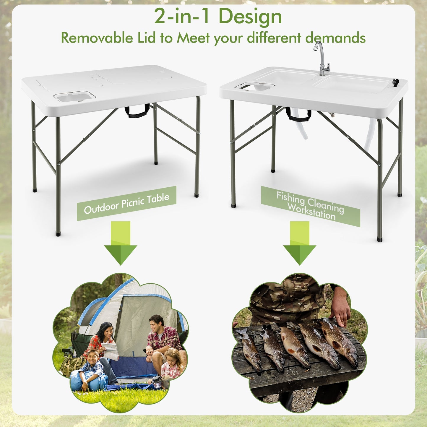 Fish Cleaning Table, 2 Sinks, 360° Rotatable Faucet, White Picnic Tables at Gallery Canada