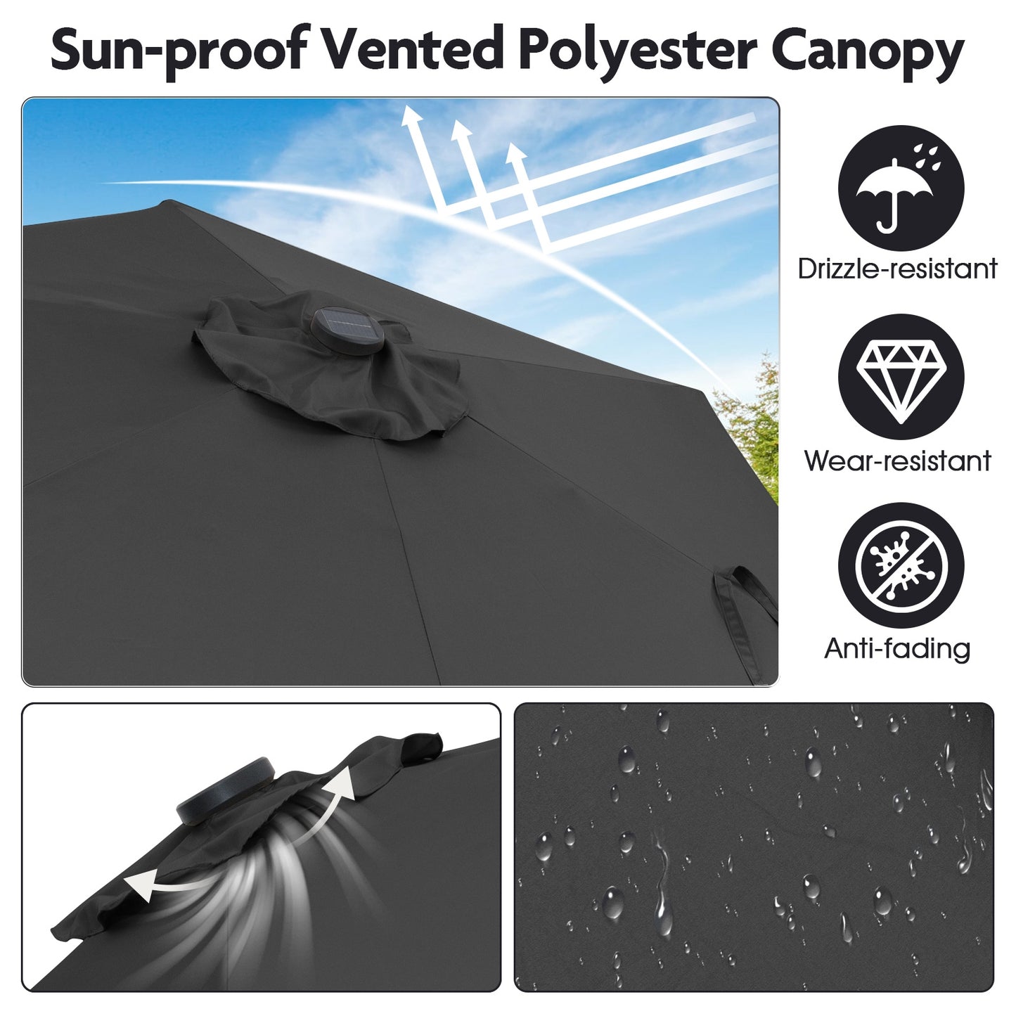 7.5 Feet Solar LED Patio Umbrella, Crank Handle, Gray