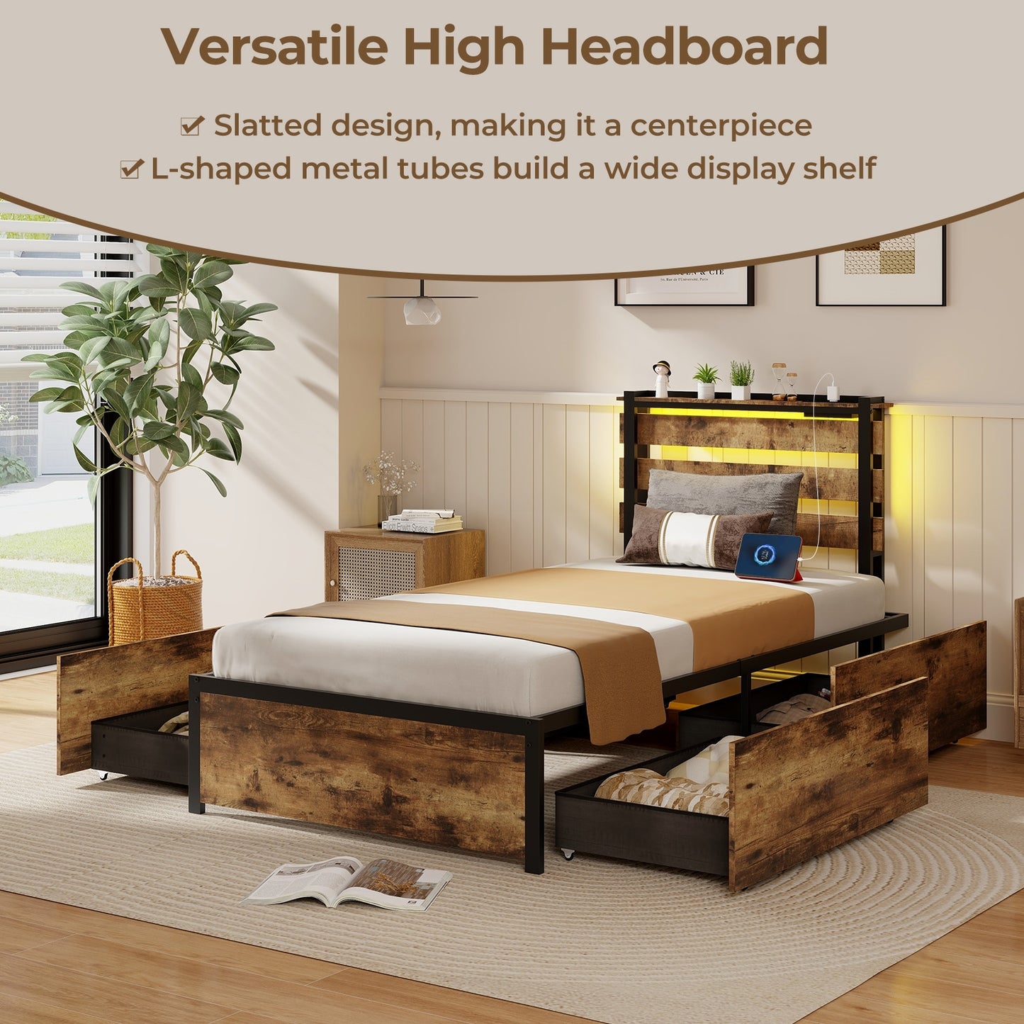 Twin Size Bed Frame With Drawers, LED Lights, USB Ports, Rustic Brown Simple Bed Frame at Gallery Canada