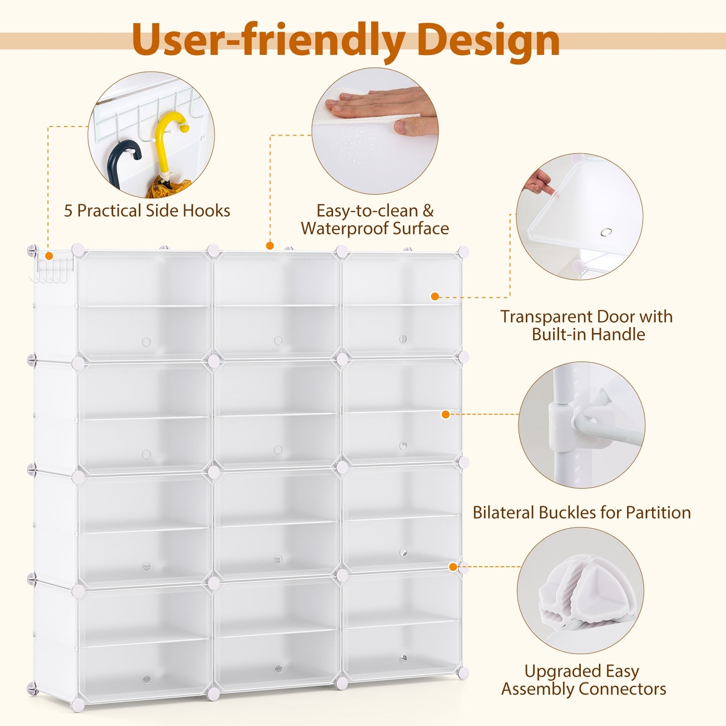 12-Cube 48 Pairs Portable Shoe Shelves with Hook, White
