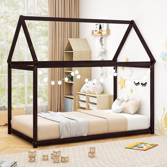 Stable Kids Platform Floor Bed With Roof, Heavy Duty Slats, Espresso Simple Bed Frame Espresso at Gallery Canada