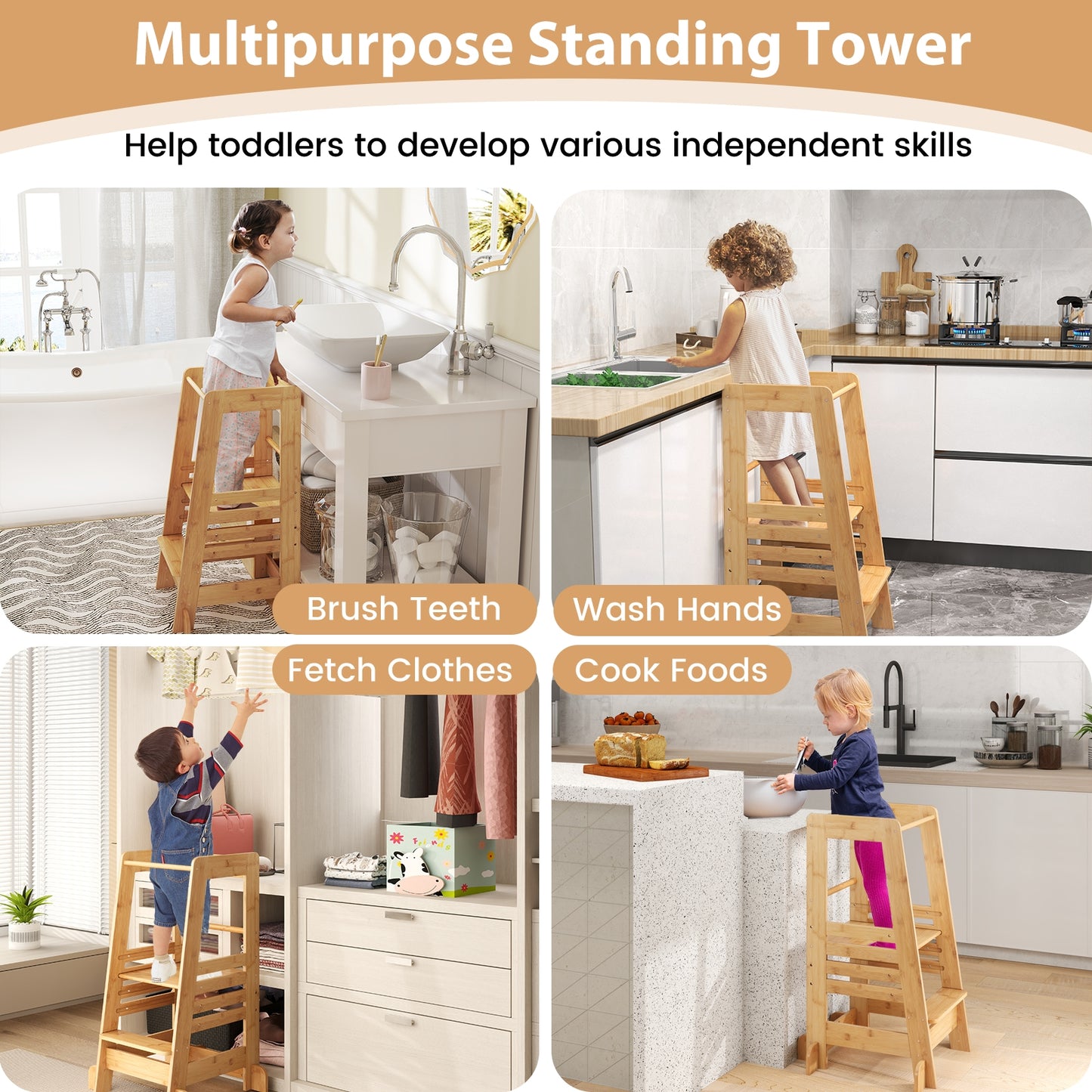Bamboo Kids Kitchen Step Stool, Adjustable Height, Safety Rails, Natural