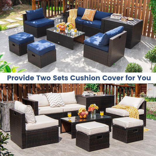 8-Piece Outdoor Wicker Furniture Set, White, With Storage Box, Navy Outdoor Sectionals Navy & White at Gallery Canada