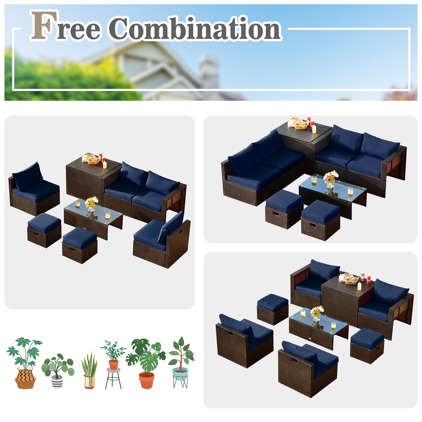 8-Piece Outdoor Wicker Furniture Set, White, With Storage Box, Navy Outdoor Sectionals at Gallery Canada