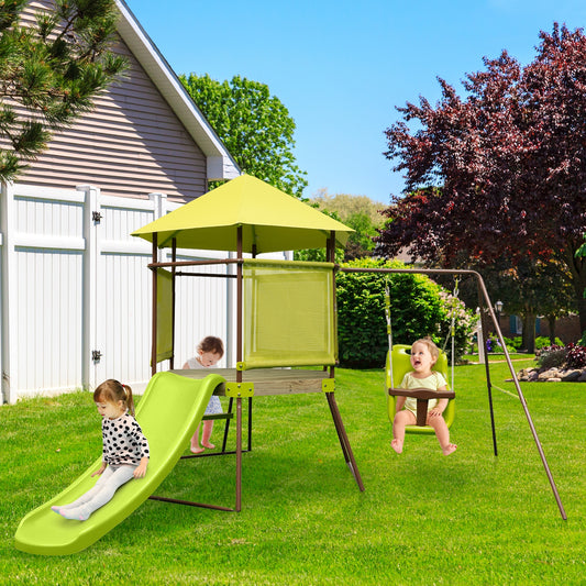 4-in-1 Swing Set with Covered Playhouse Fort and Height Adjustable Baby Seat, Green Swing & Playsets Green at Gallery Canada