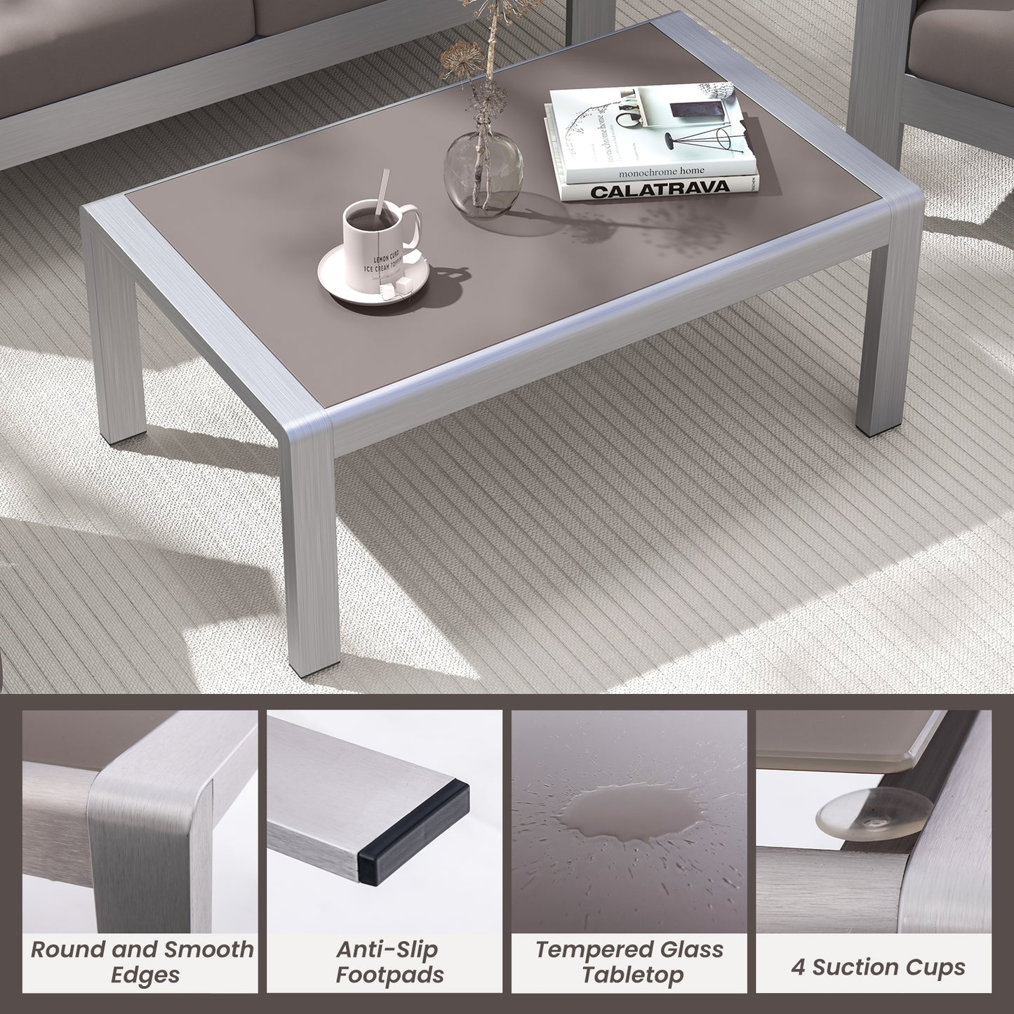 Outdoor Rectangle Coffee Table with Tempered Glass Tabletop for Backyard Poolside, Gray Patio Coffee Tables at Gallery Canada