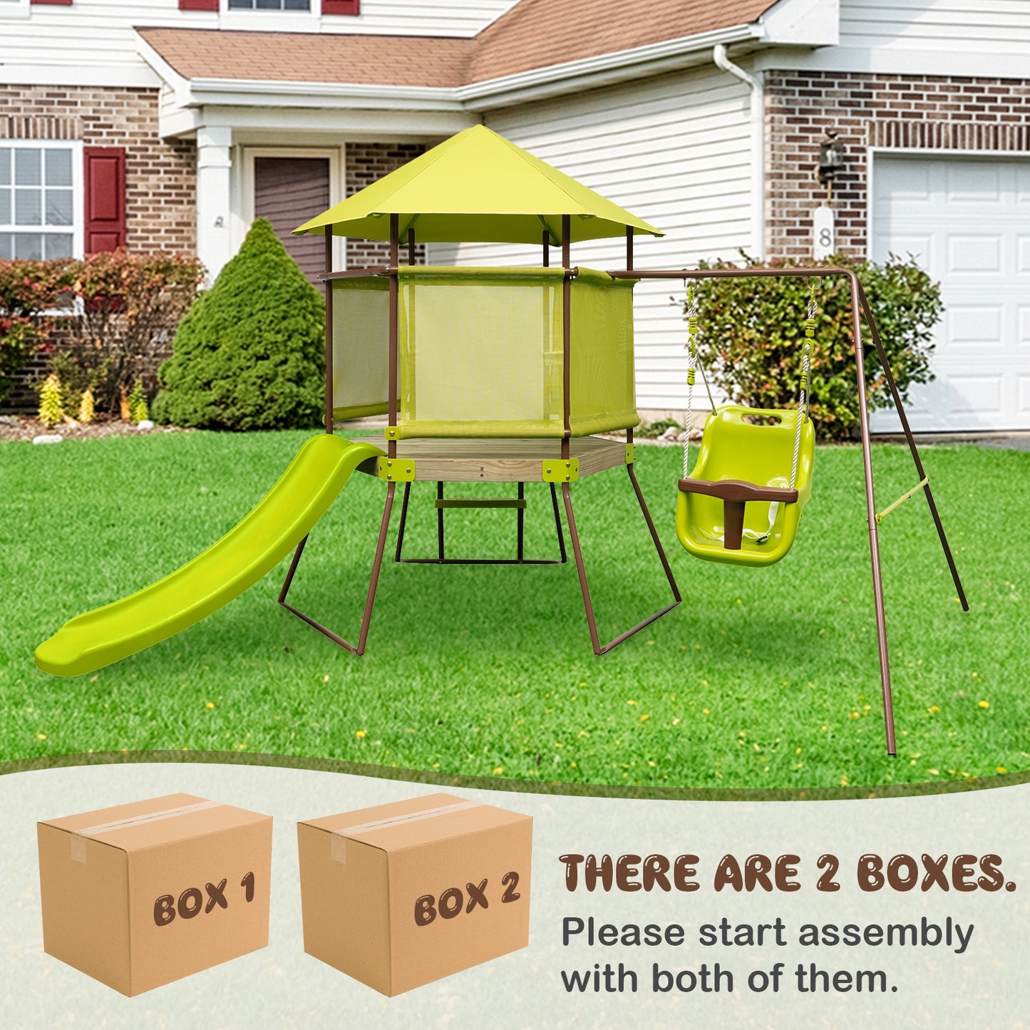 4-in-1 Swing Set with Covered Playhouse Fort and Height Adjustable Baby Seat, Green Swing & Playsets at Gallery Canada