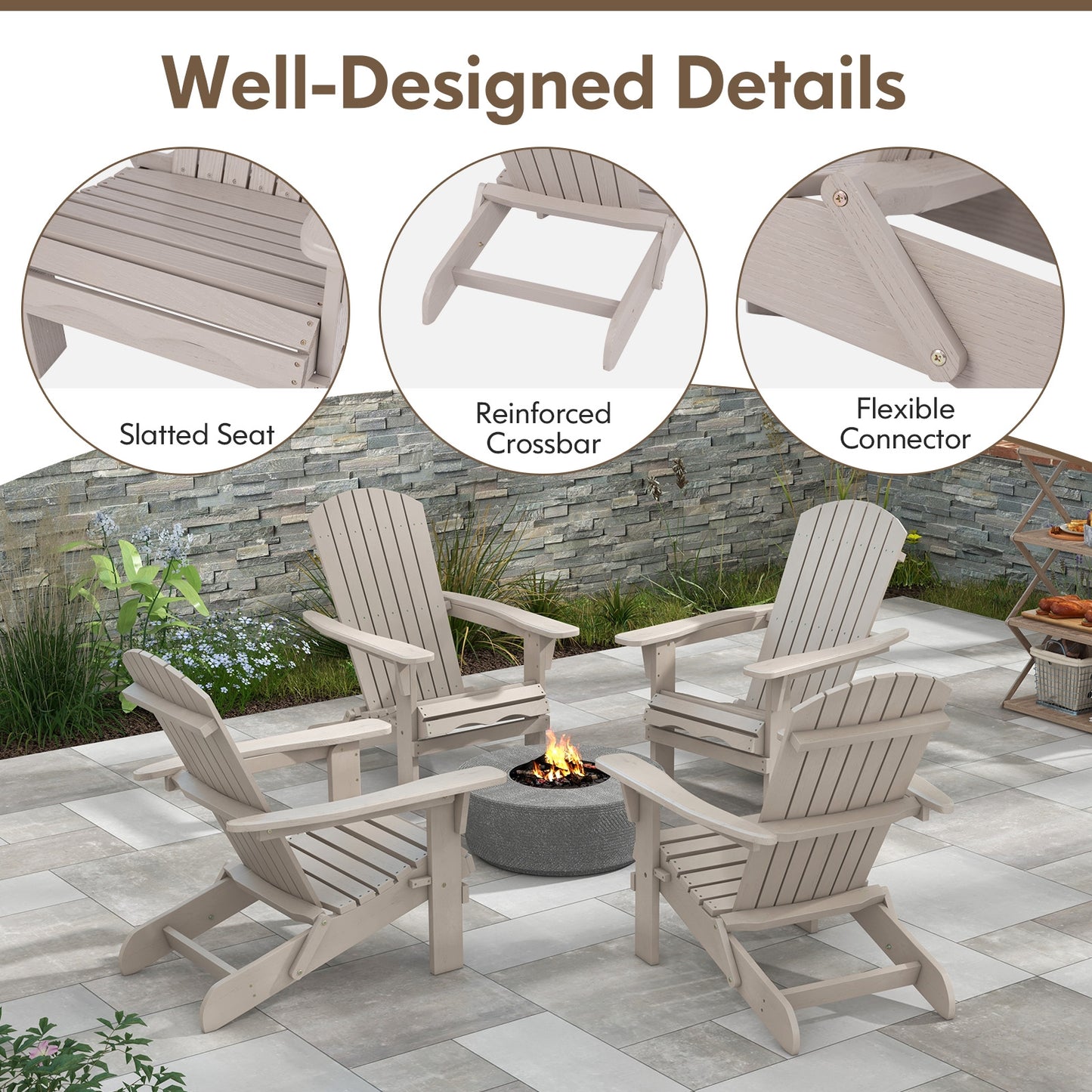 1 Piece Folding Adirondack Chair with High Backrest and Wide Armrests, Gray Adirondack Chairs at Gallery Canada