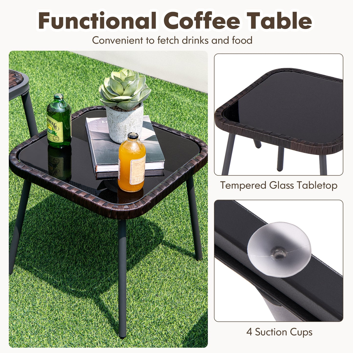 3 Piece Patio Rattan Furniture Set, Brown and Black Patio Conversation Sets at Gallery Canada