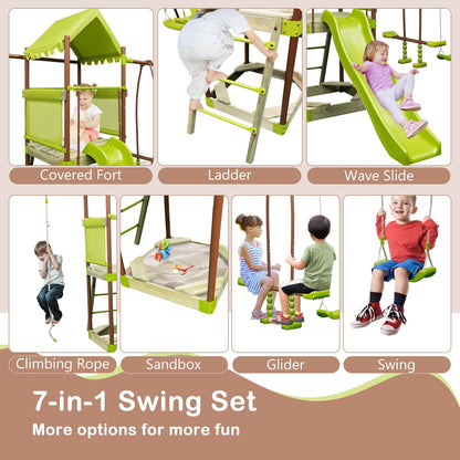 7-in-1 Kids Outdoor Metal Playset with Wave Slide and Climbing Rope, Green