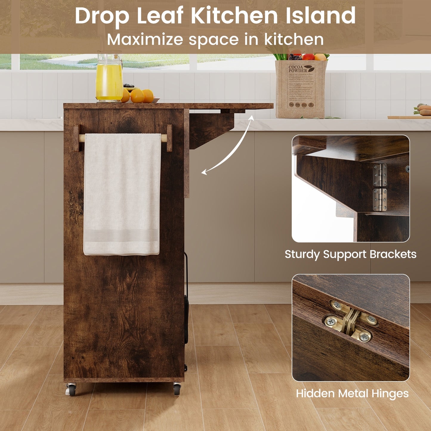 Drop Leaf Mobile Kitchen Island Cart with Power Outlet and Adjustable Shelf, Rustic Brown Kitchen Islands & Carts at Gallery Canada
