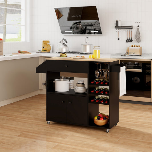 Drop Leaf Kitchen Island Cart With Power Outlet, Adjustable Shelf, Natural, Black Kitchen Islands & Carts Black at Gallery Canada