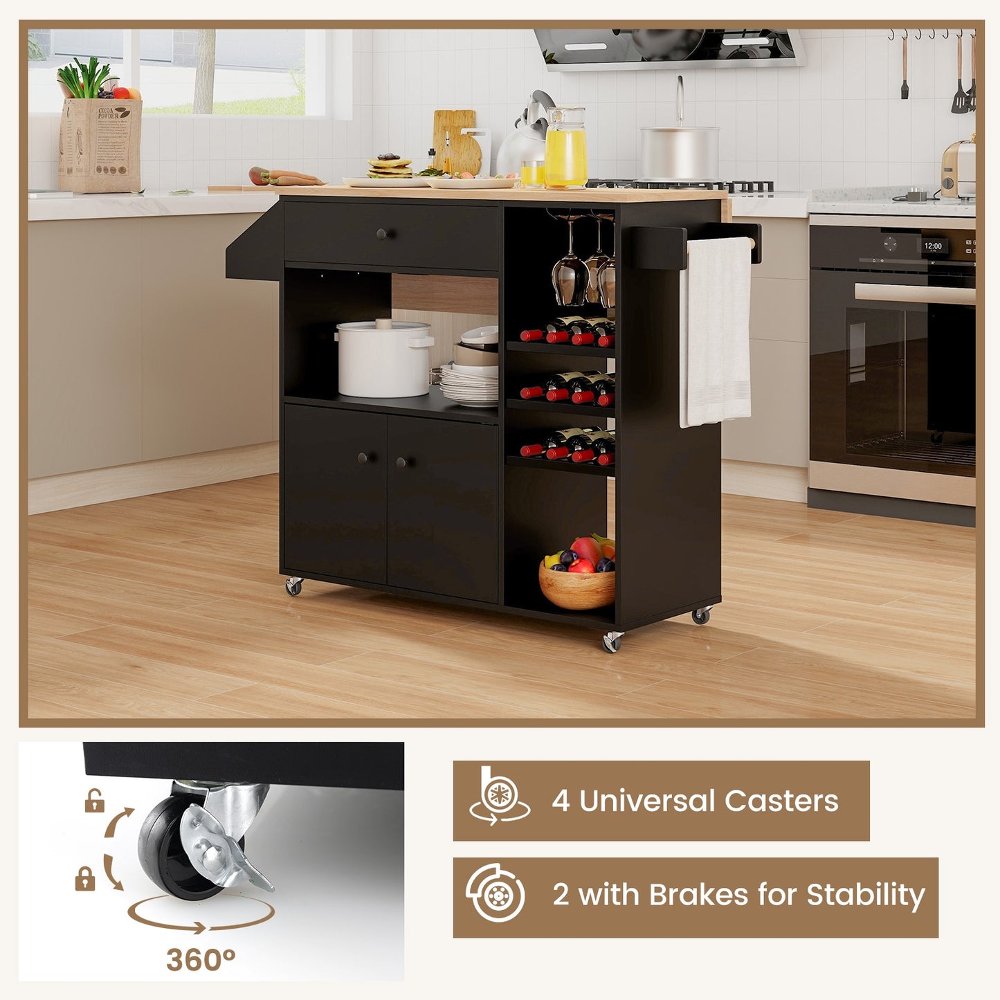 Drop Leaf Mobile Kitchen Island Cart with Power Outlet and Adjustable Shelf-Black and Natural, Black Kitchen Islands & Carts at Gallery Canada
