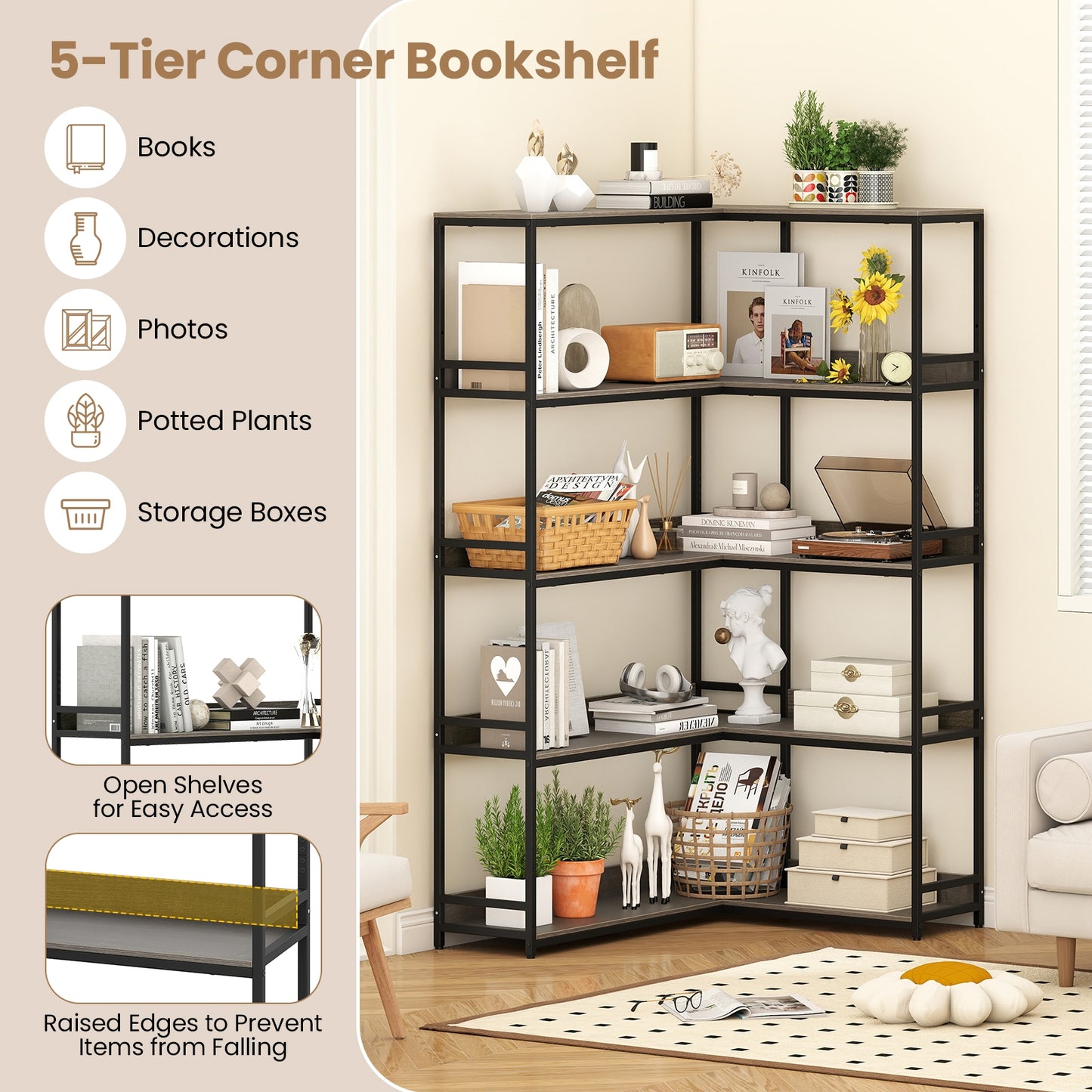 Corner Bookshelf, 5-Tier L-Shaped Bookcase, Oak Bookcases at Gallery Canada