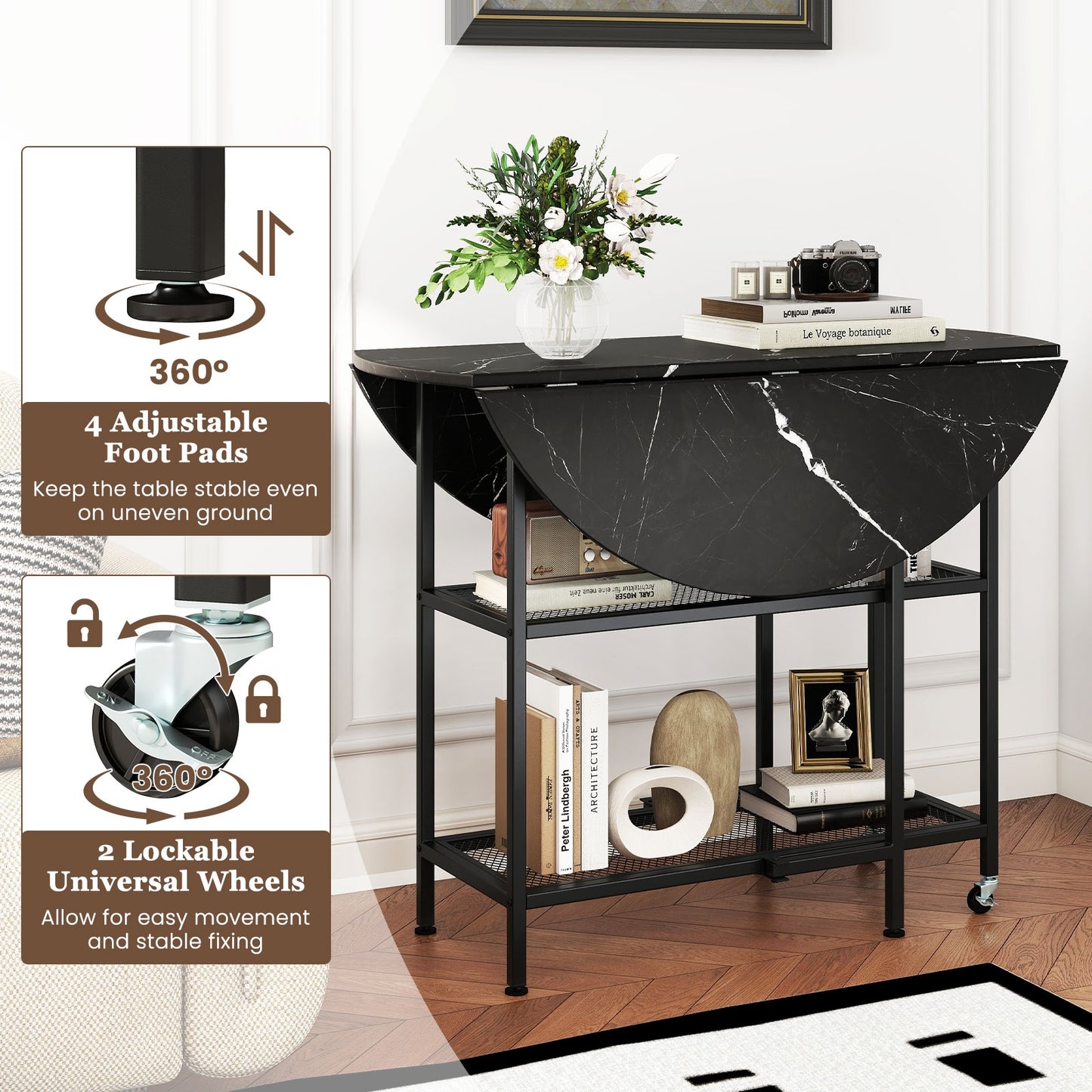 Folding Round Dining Table with Lockable Wheels, Black Dining Tables at Gallery Canada