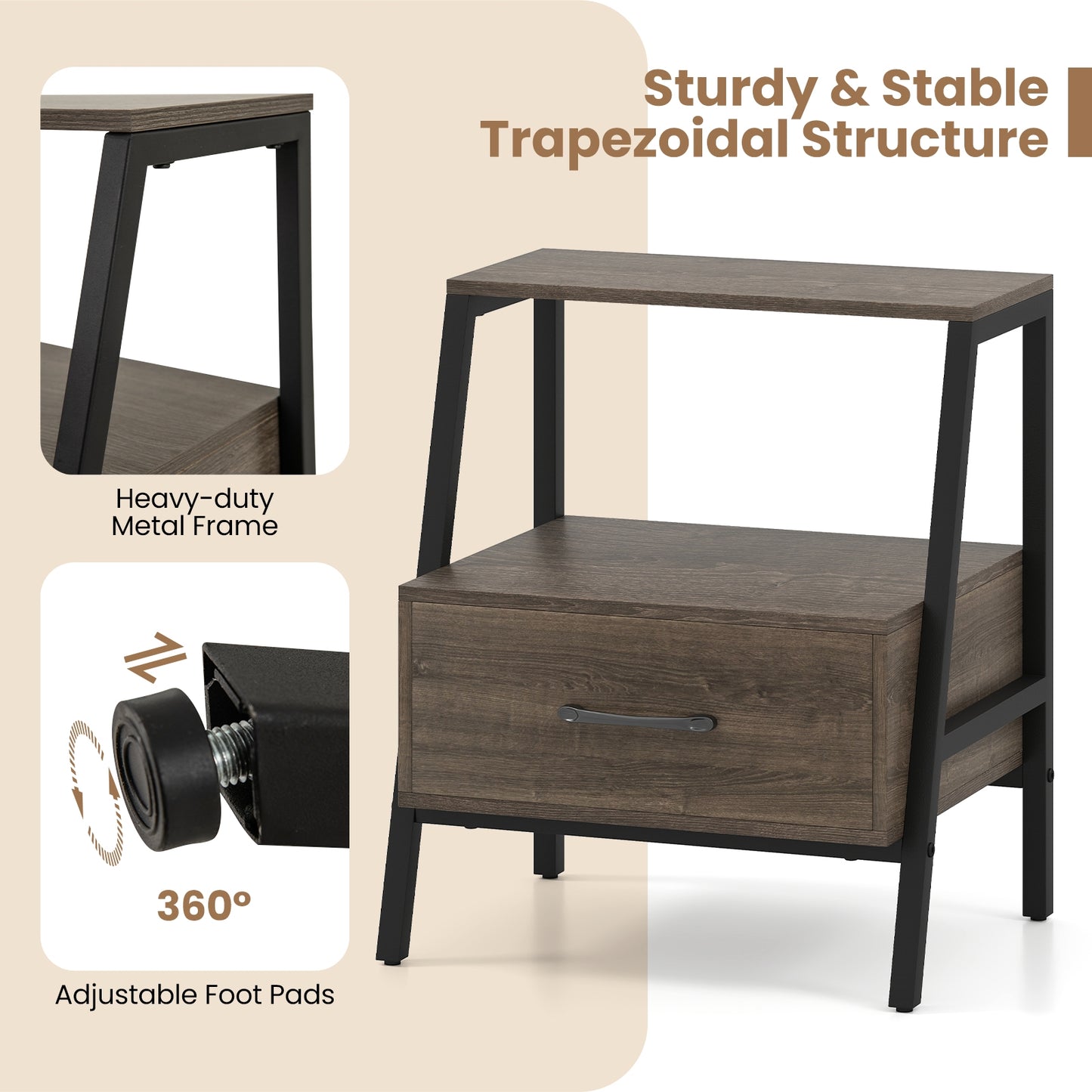 3-Tier Farmhouse Nightstand, Open Shelf, Gray Nightstands at Gallery Canada