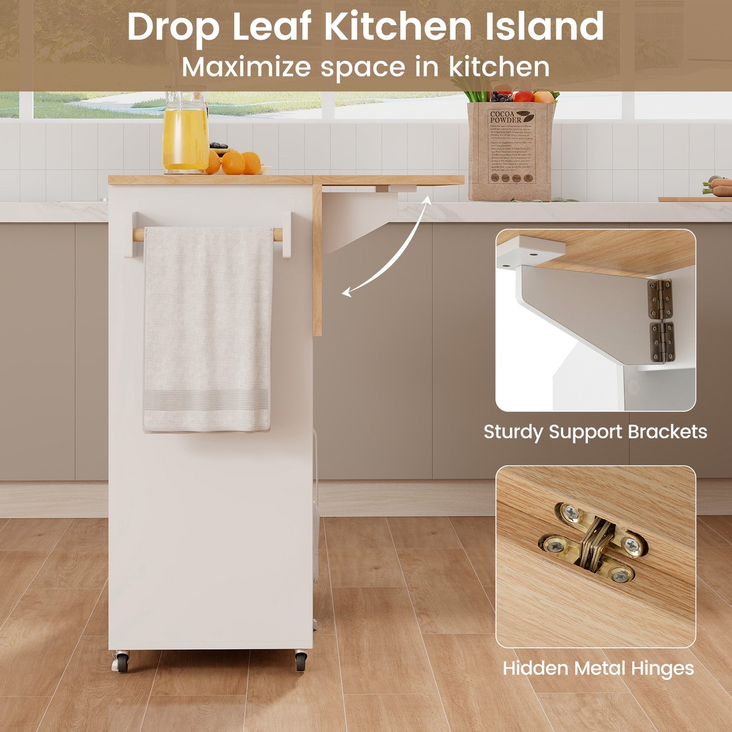 Drop Leaf Mobile Kitchen Island Cart with Power Outlet and Adjustable Shelf, White Kitchen Islands & Carts at Gallery Canada