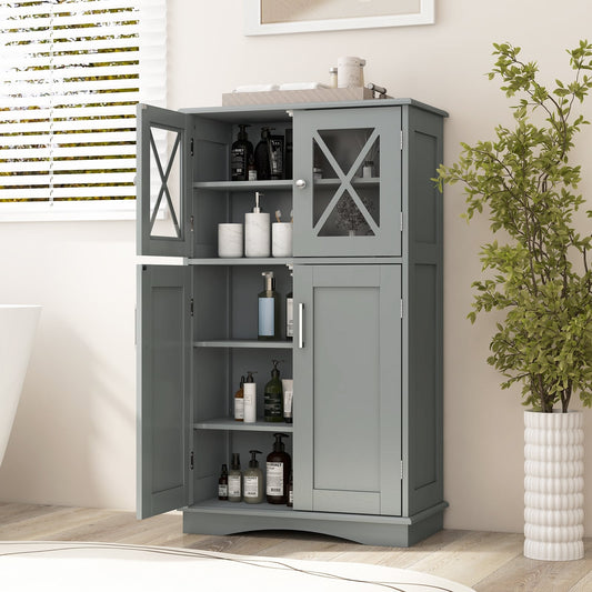 4 Door Freeestanding Bathroom Cabinet, Adjustable Shelves, Gray