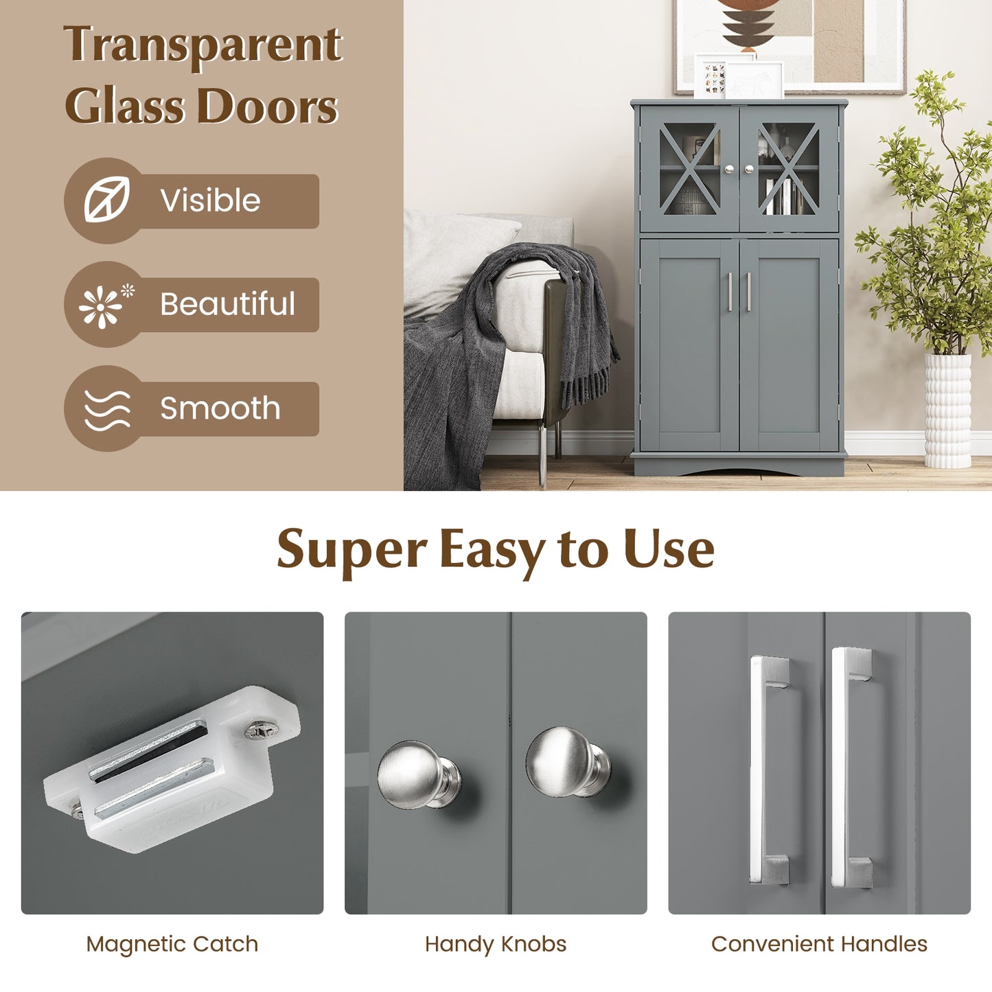 4 Door Freeestanding Bathroom Cabinet, Adjustable Shelves, Gray Floor Cabinets at Gallery Canada