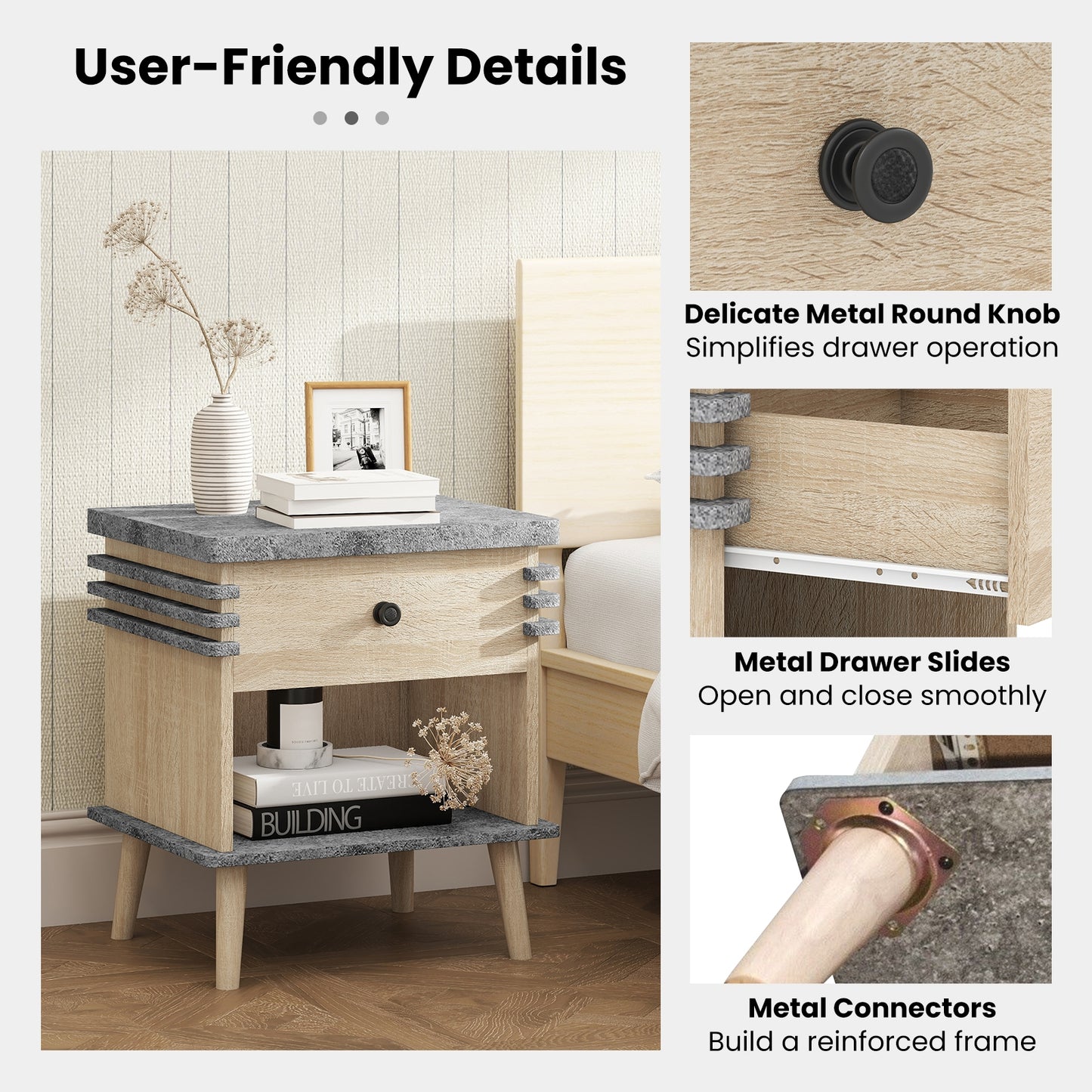 3-Tier Bedside Table, Antique Grey Faux Marble Top, Grey