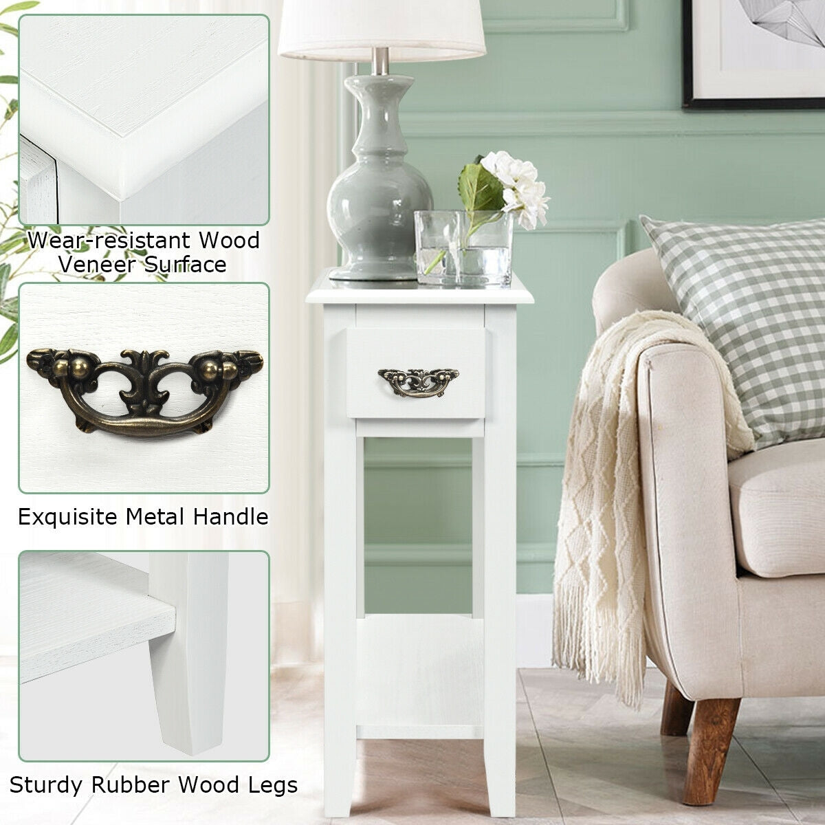 2 Tier Sofa Side End Table With Drawer, Open Shelf, White