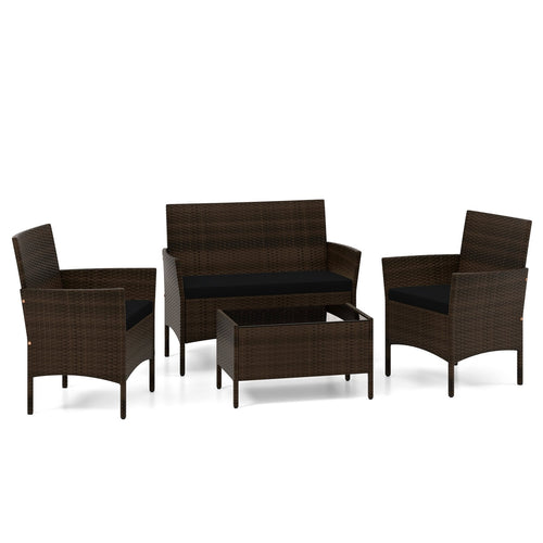 4 Piece Patio Rattan Conversation Set with Cozy Seat Cushions, Black