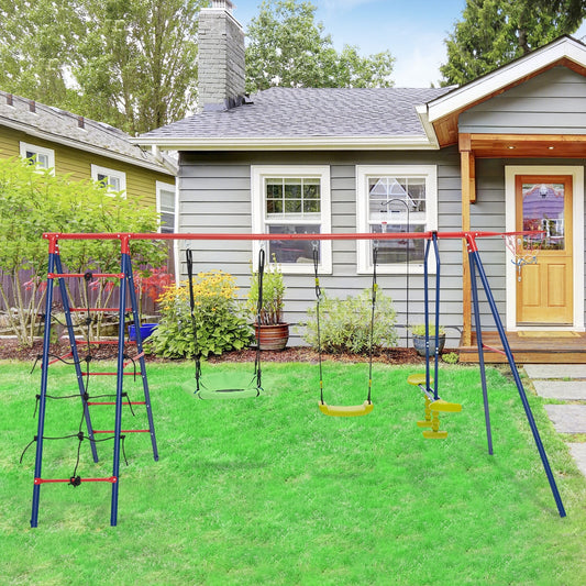 550 LBS 6-in-1 Patio Kids Swing Set, Climbing Net, Ladder, Red Swing & Playsets Red at Gallery Canada