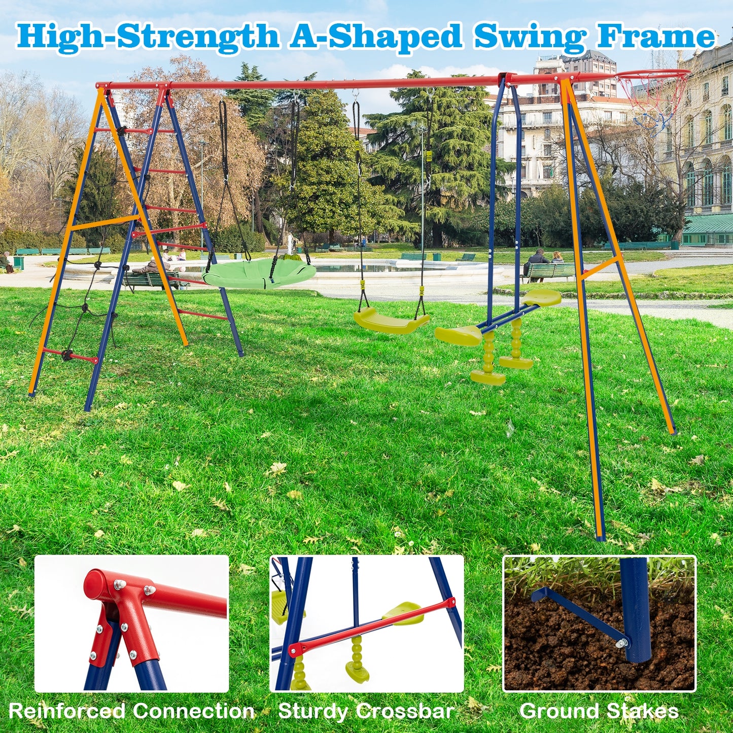 550 LBS 6-in-1 Patio Kids Swing Set with Climbing Net and Ladder, Red Swing & Playsets at Gallery Canada