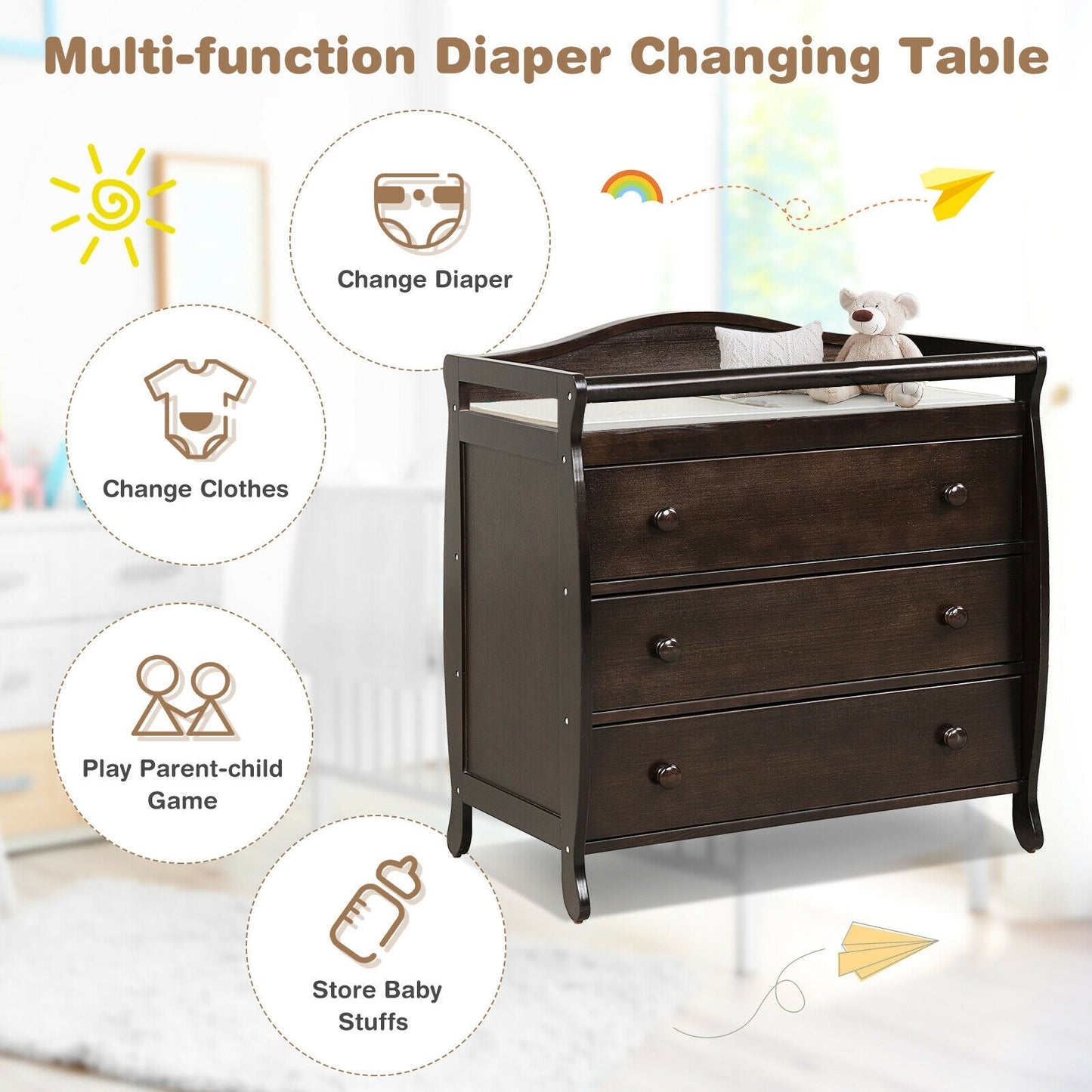 Baby Changing Table, 3 Drawers, Safety Belt, Brown Changing Tables at Gallery Canada