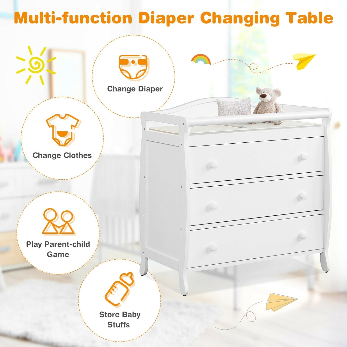 Baby Changing Table With 3 Drawers, Safety Belt, White Changing Tables at Gallery Canada