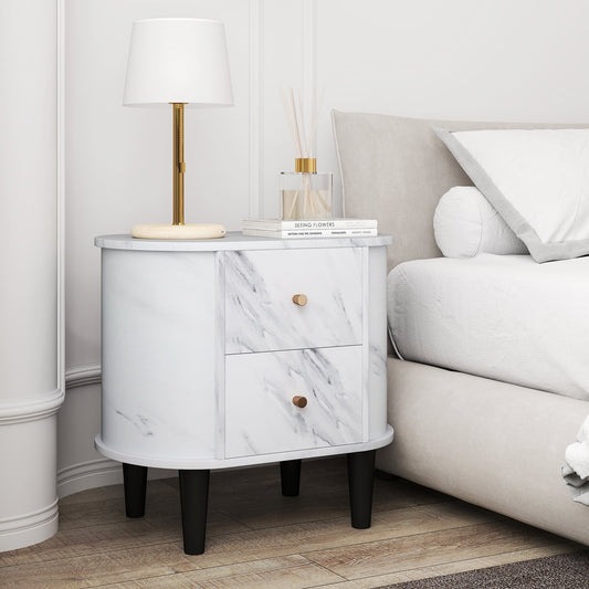 Modern Faux Marble Nightstand, 2 Drawers, White