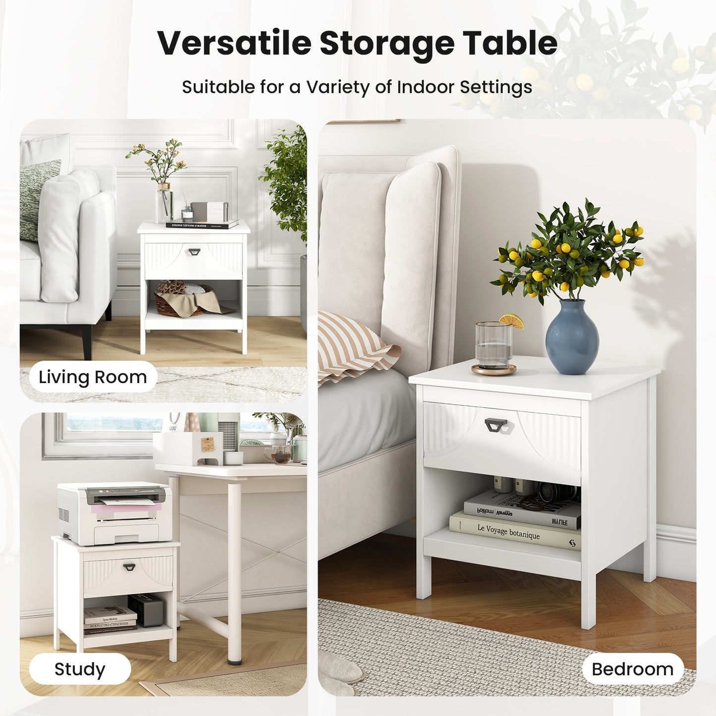2-Tier Wood Nightstand, With Drawer And Open Shelf, White