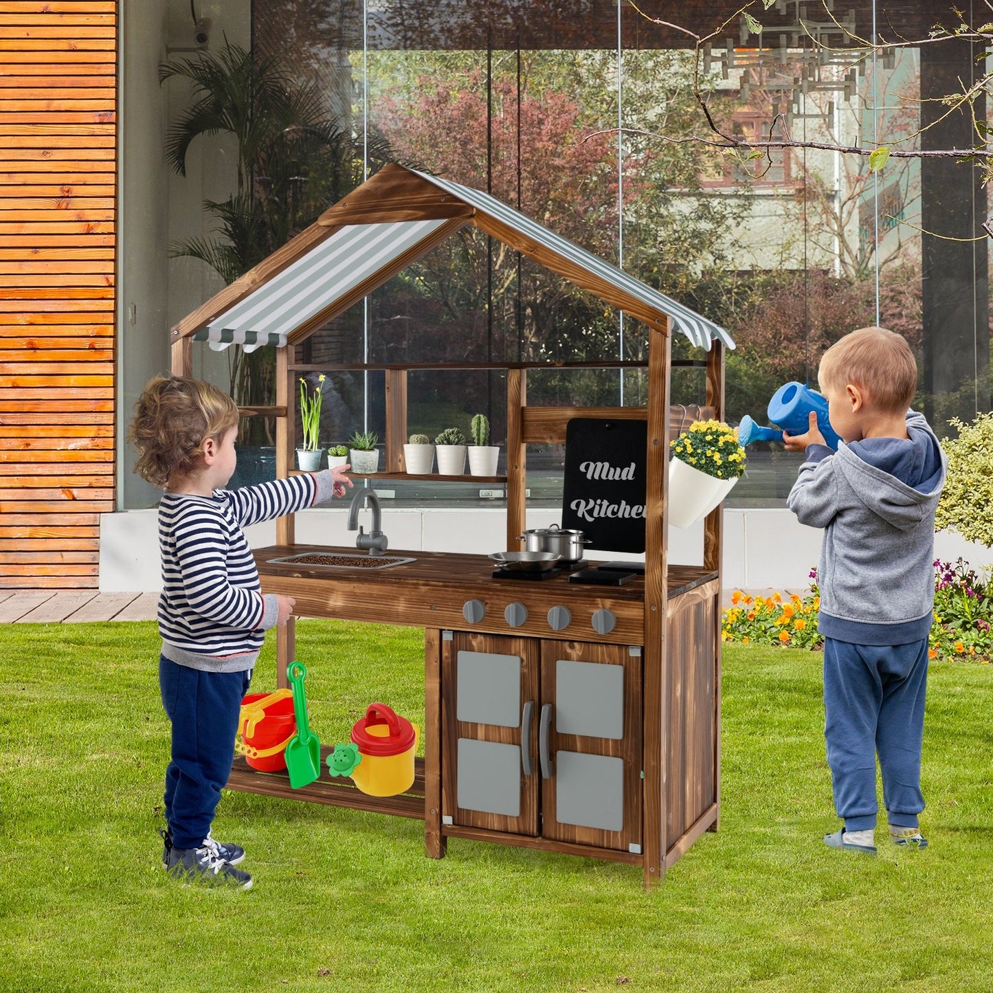 Kid's Mud Kitchen Outdoor Solid Wood Mud Kitchen with Canopy, Natural