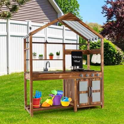 Kid's Mud Kitchen Outdoor Solid Wood Mud Kitchen with Canopy, Natural