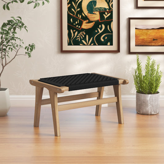 Indoor Outdoor Ottoman Footstool, Teak Wooden Foot Rest, Natural, Black Ottomans Natural & Black at Gallery Canada
