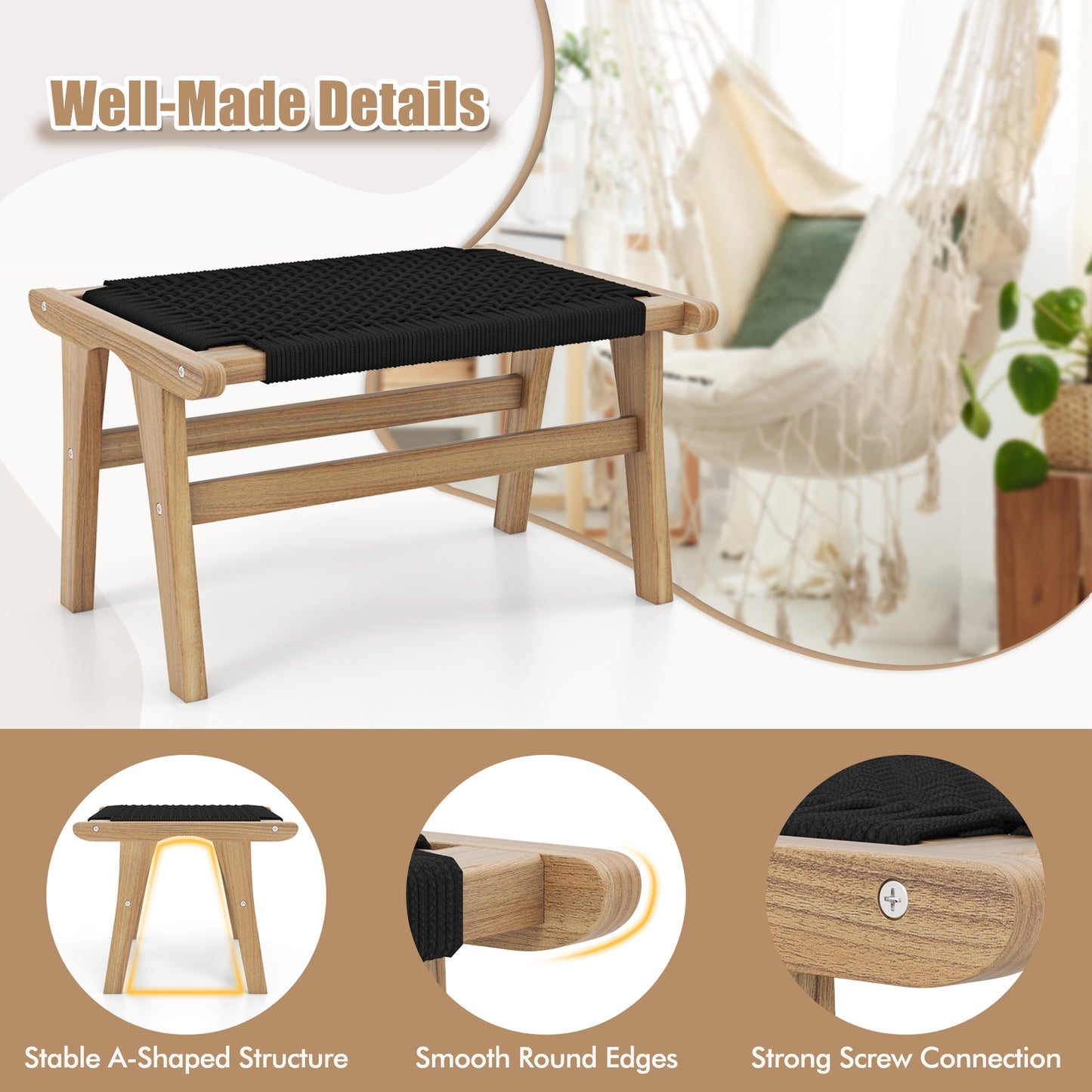 Indoor Outdoor Ottoman Footstool Teak Wooden Foot Rest with Handwoven Cordage, Natural & Black Ottomans at Gallery Canada