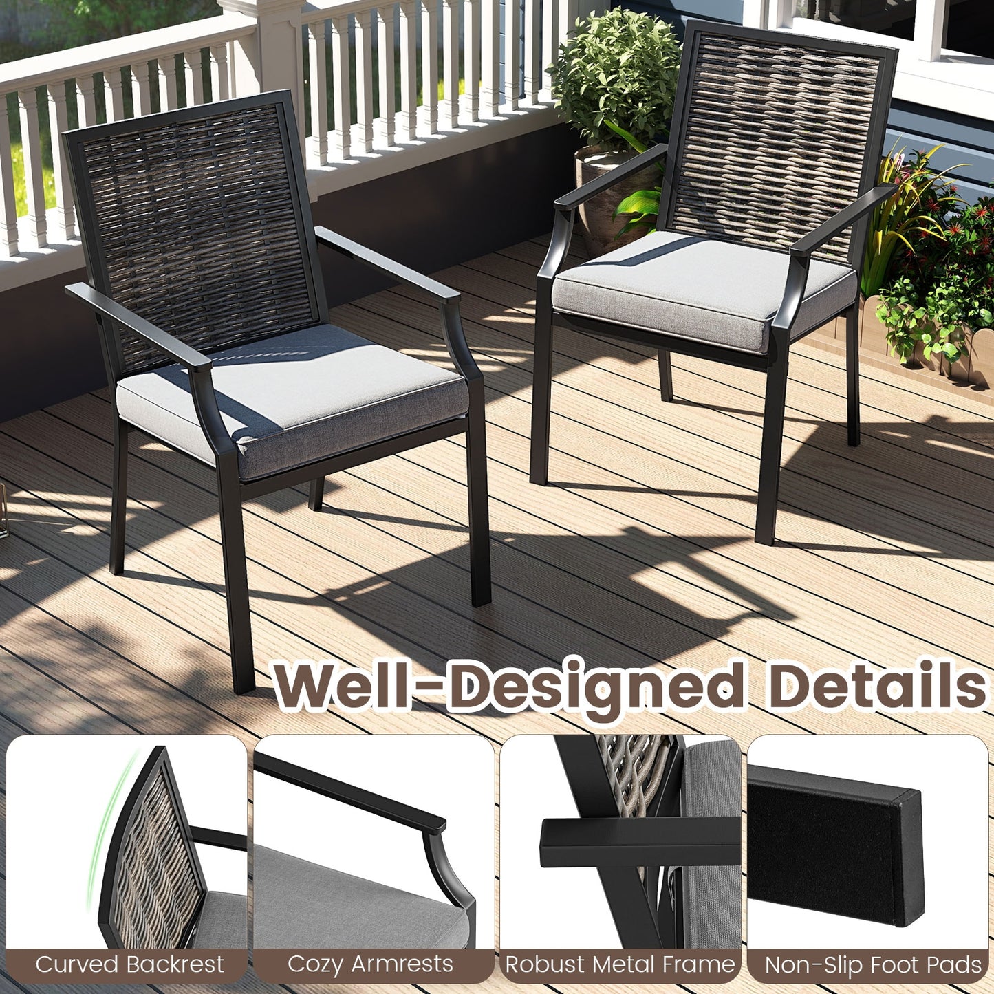 Stackable Rattan Armchairs Set Of 2, With Removable Cushions, Grey Patio Dining Chairs at Gallery Canada