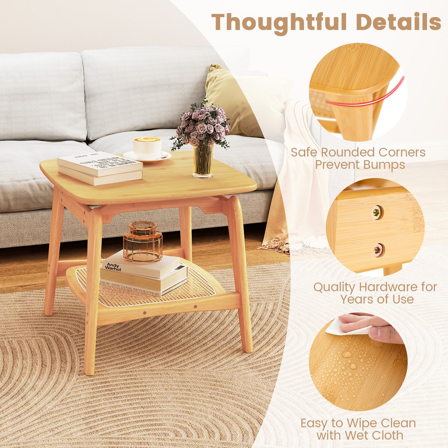Boho Bamboo Sofa Side Table, Faux Rattan Storage Shelf, Natural