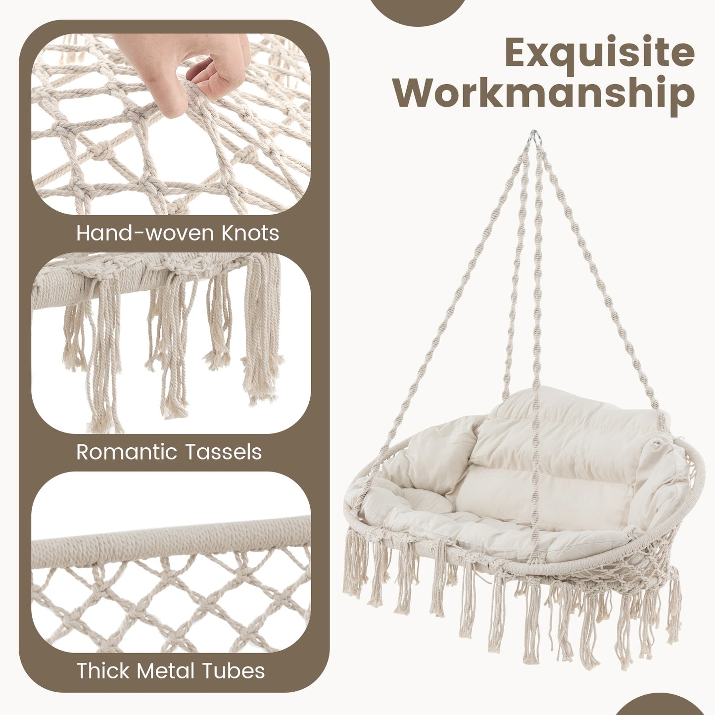 Hand-Woven Rope Hanging Chair, Thick Cushion, Folding Metal Frame, Beige Hammocks at Gallery Canada