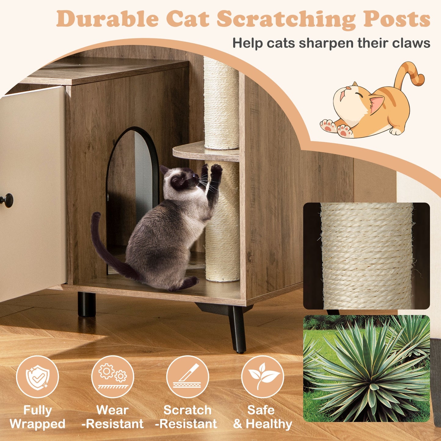 Cat Litter Box Enclosure with 3 Sisal Scratching Posts for Indoor Cats, Natural Cat Houses at Gallery Canada