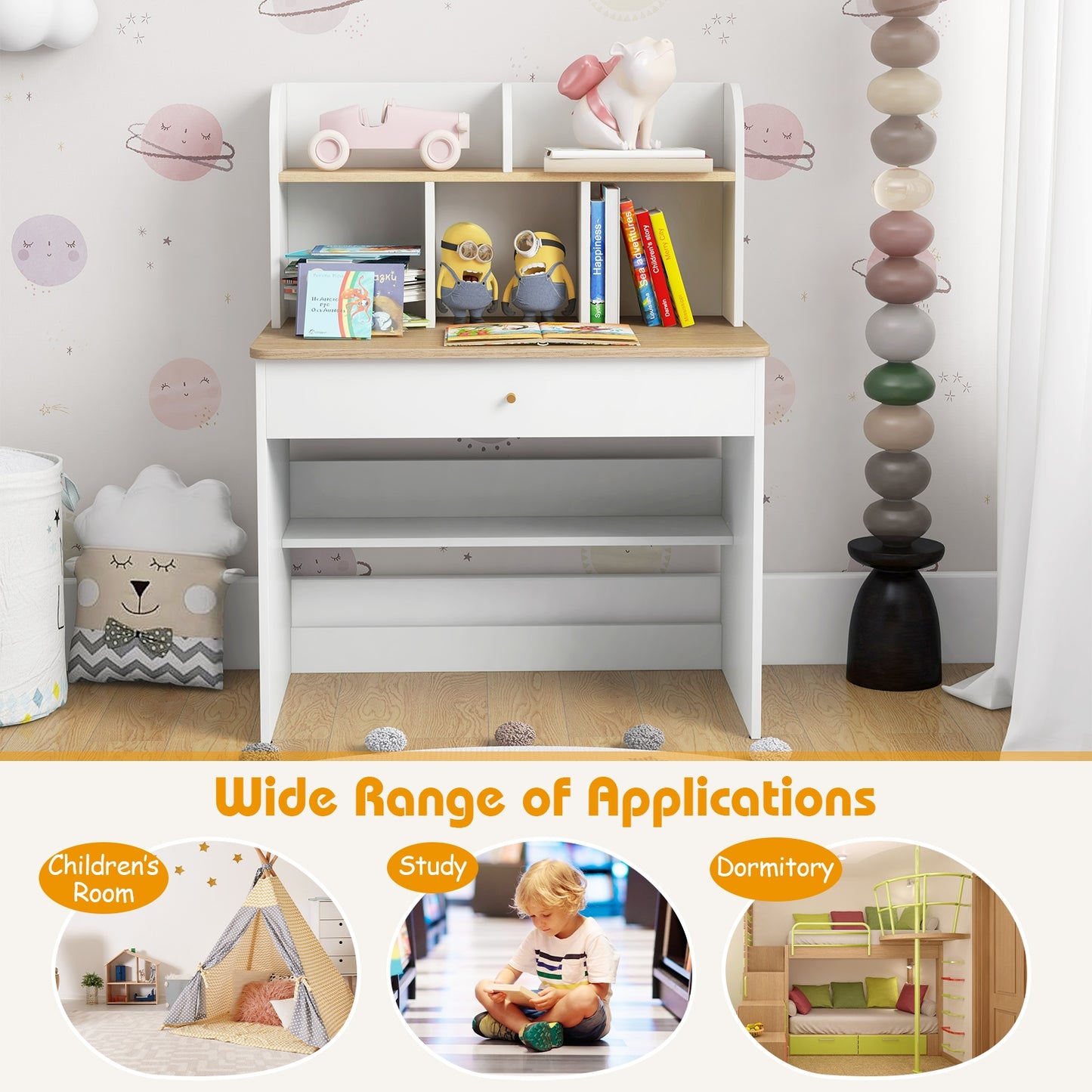 Kids Wooden Study Desk With Hutch, Drawer, White Kids Table & Chair Sets at Gallery Canada