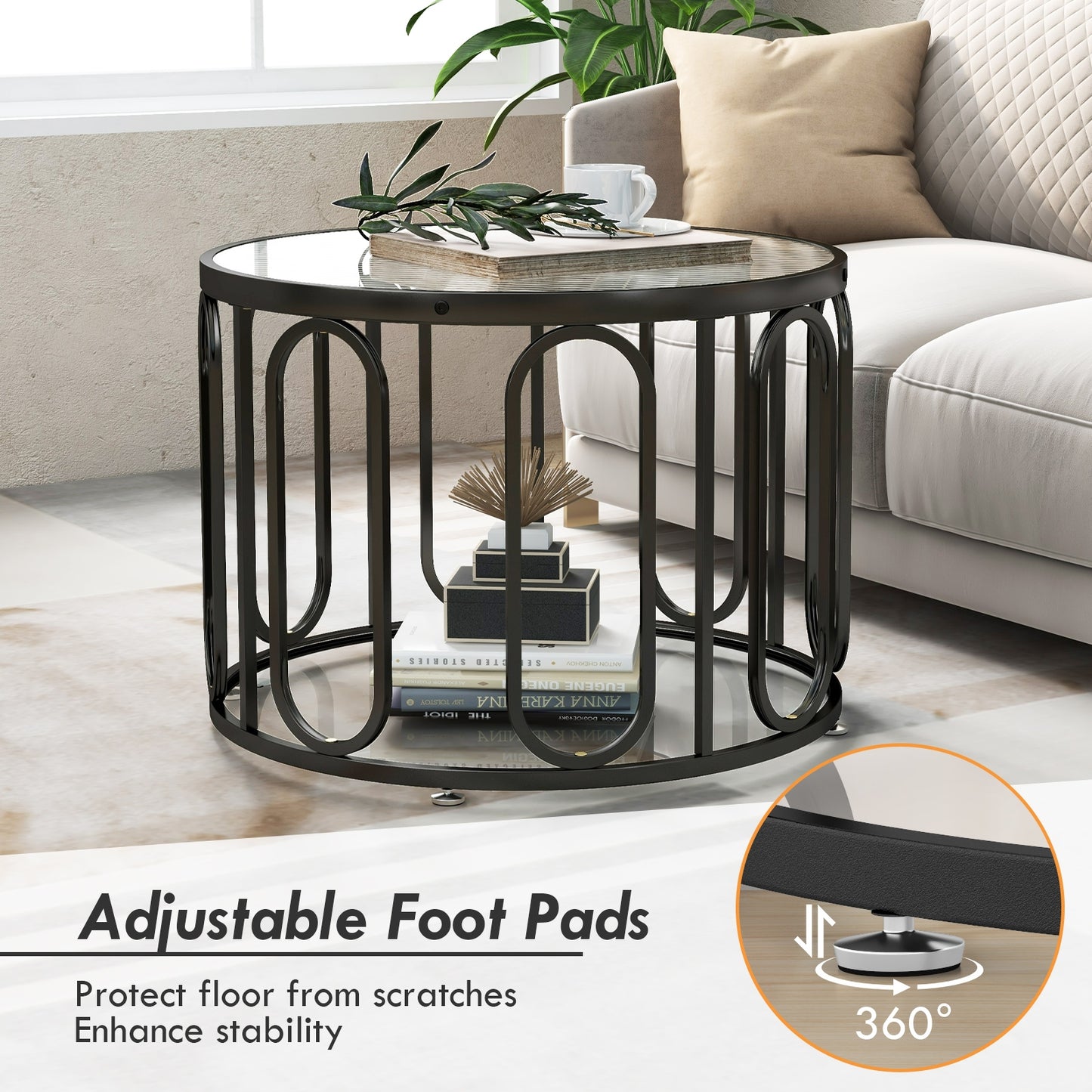 24 Inch Round Coffee Table, Reeded Tempered Glass Top, Oval Swivel Brackets, Black Coffee Tables at Gallery Canada