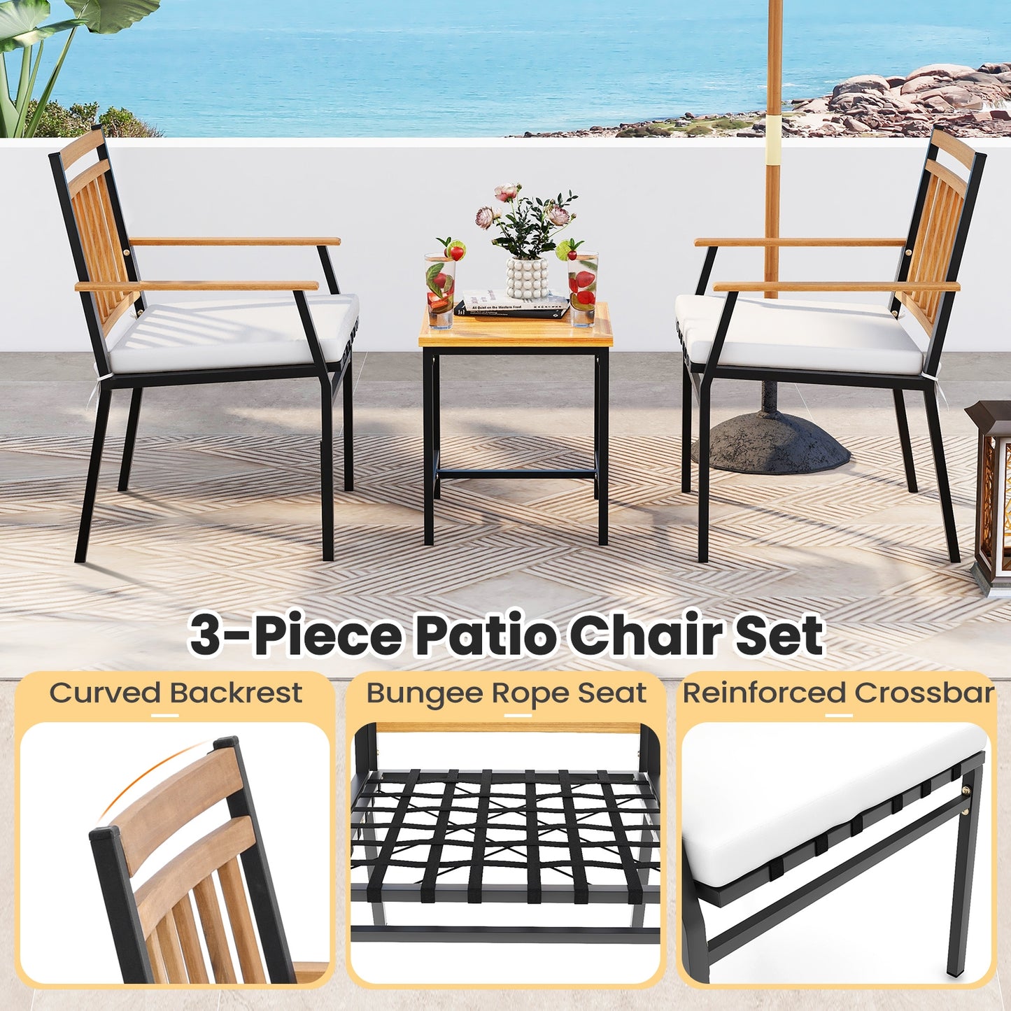 3 Pieces Outdoor Furniture Set Acacia Wood Patio Conversation Set with Cushions, White Patio Conversation Sets at Gallery Canada